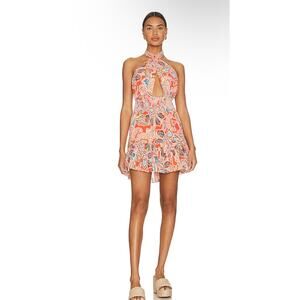 Misa Halter Dress Womens Size XS Floral Tropical Red Orange Blue Mini Ruffle‎